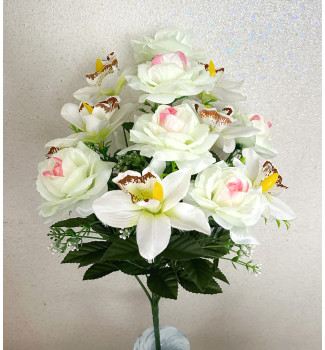 Атласні троянди з орхідеями, букет 14 головок Атласні троянди з орхідеями, букет 14 головок