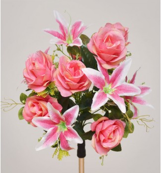 Розы и лилии с  пластиковыми веточками, букет 12 головок